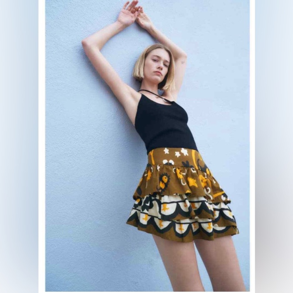 Zara Floral Print Ruffle Asymmetric Linen Blend Mini Skirt Medium Women’s Brown